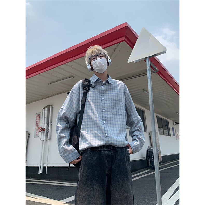 美式复古蓝格子衬衫宽松慵懒长袖衬衣开衫外套薄款C2253-特价42,男装衬衫,电商A007