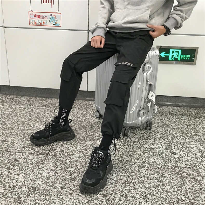 703-K168-P50港风多口袋工装休闲运动裤ins反光字直筒束脚长裤,男装休闲裤,星座703