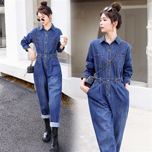 时尚显瘦牛仔连体裤女宽松高腰长袖工装裤，女装连体裤，秋水欣儿