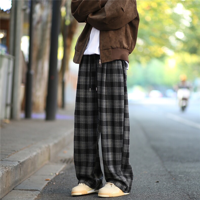 藏青色格子毛呢裤男款秋冬美式复古A字阔腿裤子直筒休闲弯刀卫裤,男装棉衣,电商A429