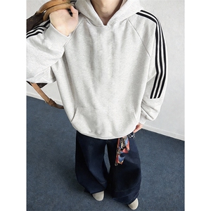 高品质春装新款男女美式高街结构三条杠宽松纯色织带连帽卫衣CM04图片