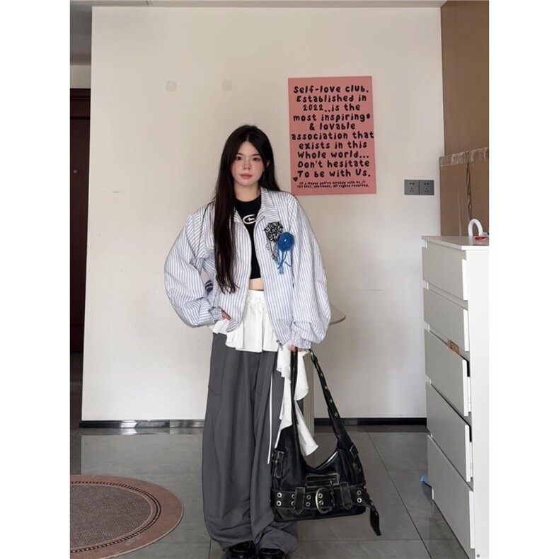 花边下摆胸花哈灵顿夹克男秋男女设计感上衣条纹外套HH8322P82,男装夹克,星座1013-5