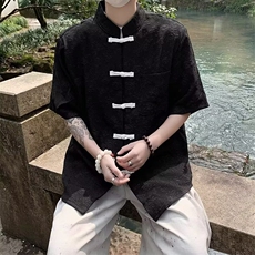 新中式风男装短袖立领衬衫盘扣提花复古中山装七分半袖唐装衬衣，男装衬衫，星座1210-1