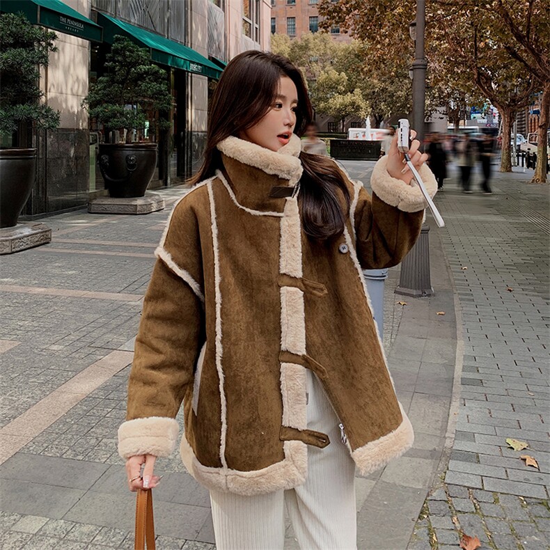 皮毛一体中长款女2023冬季新款加厚保暖外套，女装短外套，秋水欣儿