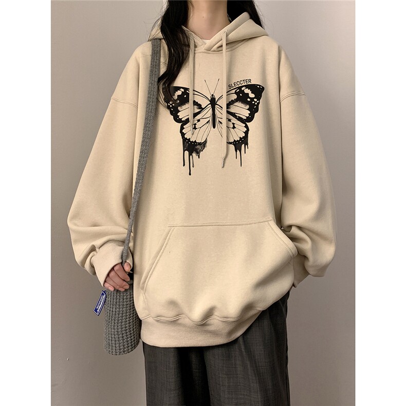 秋冬连帽卫衣女蝴蝶印花休闲宽松上衣D328-WY23052-P55  厚款P65图片