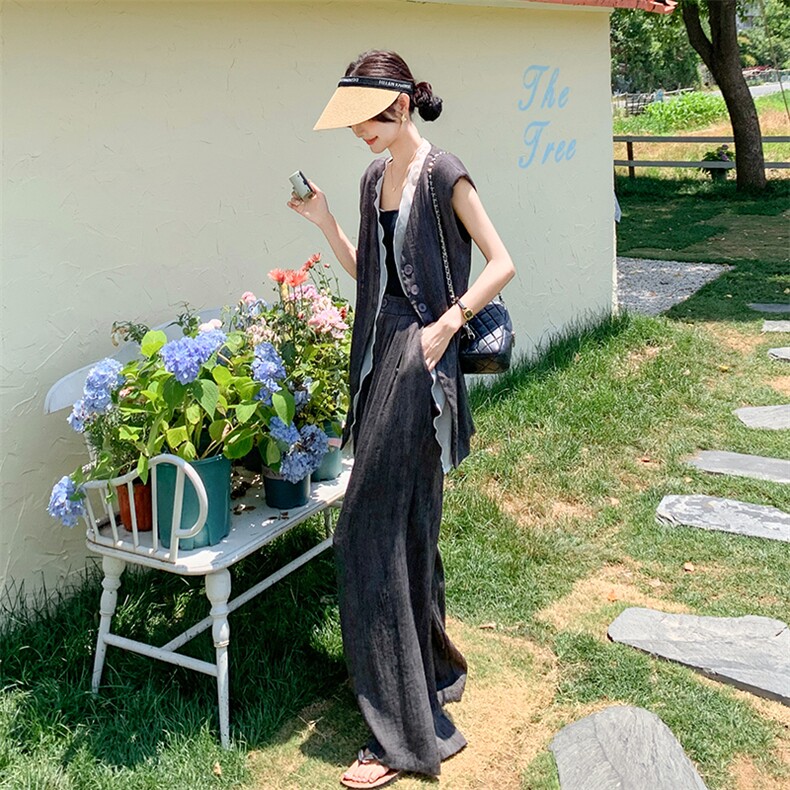 【新品现货】荷叶边无袖马甲阔腿裤扎染棉麻套装F555-P165-K228,女装套装/套裙,2C255
