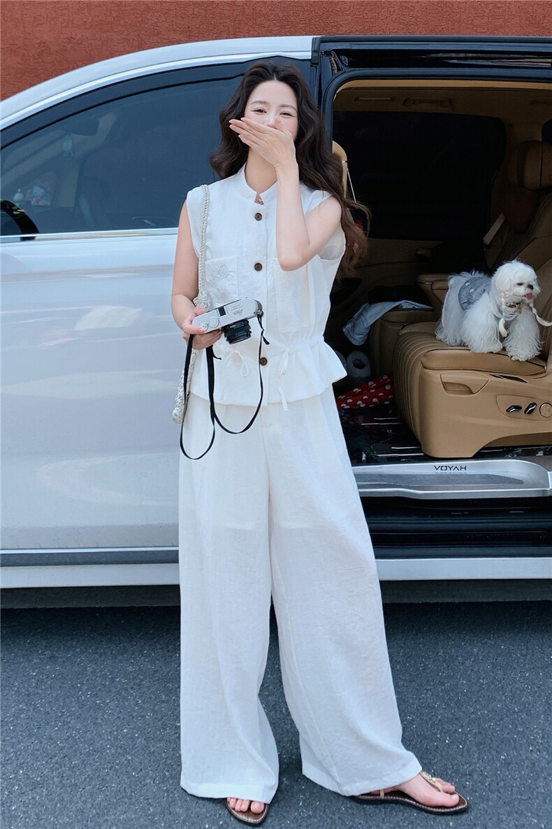 轻熟气质套装裤女2026夏季新款高级感刺绣无袖马甲阔腿裤两件套,女装套装/套裙,流量+