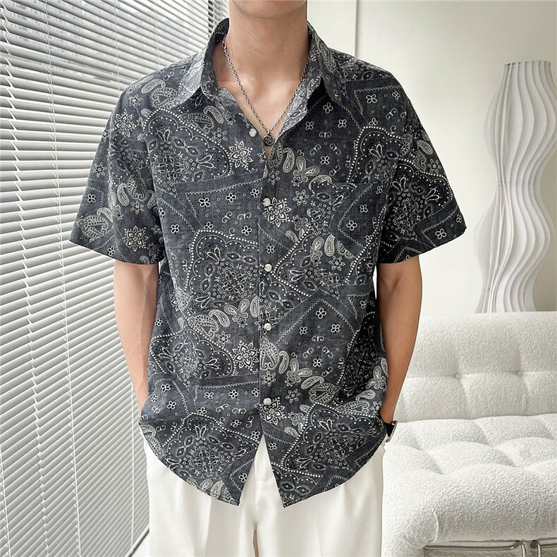 轻熟风夏季印花短袖衬衫男士潮痞帅半袖微宽松衬衣TZ94P50控78,男装T恤,电商B413