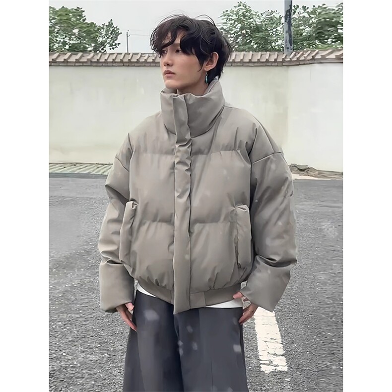 现货5W件冬季三防重磅硬挺boxy短款羽绒立领PU皮棉衣外套加厚棉服,男装棉衣,电商A486