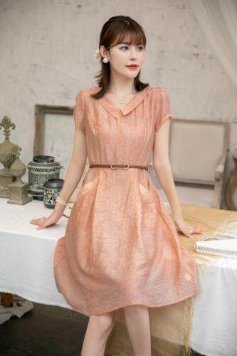 夏季新款气质提花淑女肉桂色连衣裙，女装连衣裙，水锦红