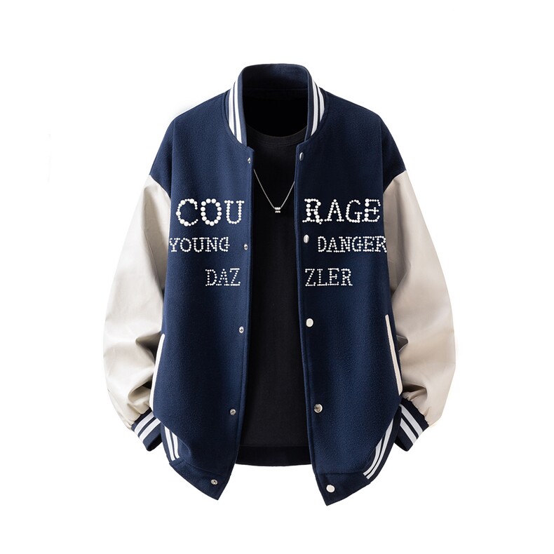 美式珍珠PU皮袖设计大码M-5XL毛呢棒球服夹克PU皮78084P69控108，男装夹克，星座227-7