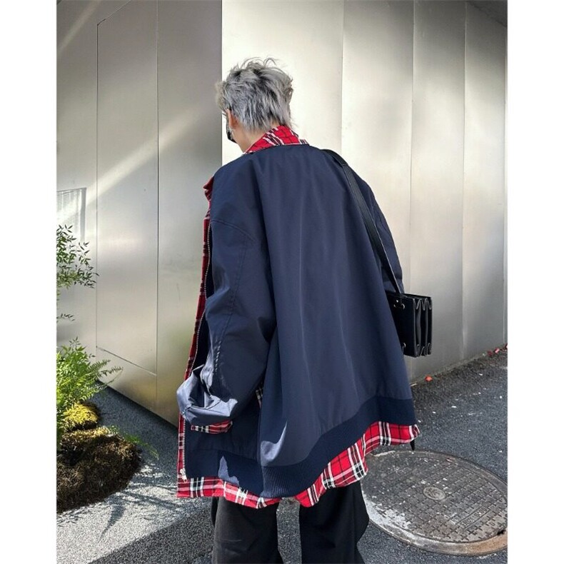 美式小众格子拼接假两件外套男女春季复古工装飞行员夹克棒球服潮,男装夹克,星座506A