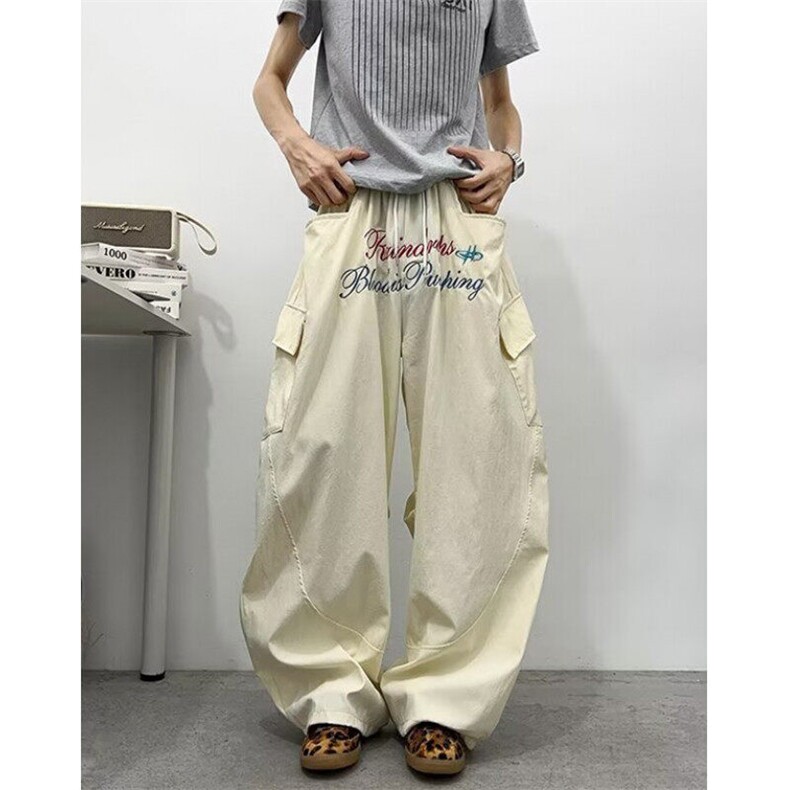 字母刺绣弯刀阔腿裤男女夏季宽松褶皱速干街舞休闲长裤KA8036,男装休闲裤,星座1116A（原606A-3）
