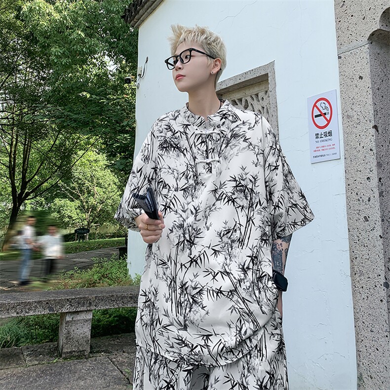 量大优供视频新风竹叶印花冰丝短袖短裤套装男TZ2403-特P50,男装休闲套装,电商A028