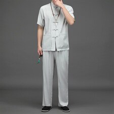 CS2024夏季男士复古薄款短袖唐装休闲套装免烫中老年爸爸装P90，男装中老年男装，电商B360