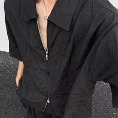 夏季新款美式复古拉链褶皱短袖衬衫男设计感小众高级感痞帅，男装衬衫，星座506A