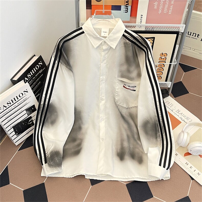 2025春季新款美式脏染设计感条纹宽松衬衫复古ins现货W8561-P40,男装衬衫,星座512-4