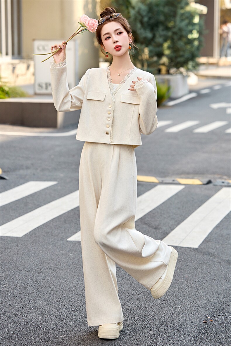 小香风时尚套装女2025春季新款休闲百搭显瘦超好看阔腿裤两件套,女装套装/套裙,美沁