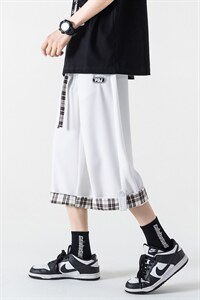 2023夏华夫格无影墙男大码休闲宽松翻边搭扣格子七分裤K23863-P35，男装休闲裤，电商A082