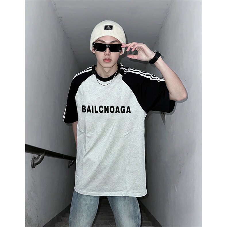 抖音得物品质二开240克宽松纯棉美式潮牌插肩三杠织带短袖T恤，男装T恤，电商A486