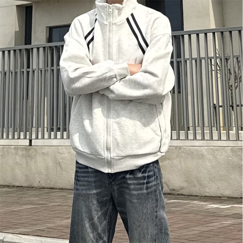 抖音得物高品质二开25秋冬美式重磅结构织带撞色立领卫衣外套W70,男装卫衣,电商A486