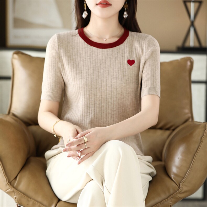 2025春季活动通勤弹力新款女士打底衫夏季简约百搭时尚圆领短袖,女装T恤,德尔信羊绒