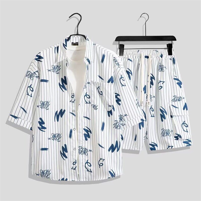 字母印花衬衫男士夏季套装凉感短袖衬衣服男生酷帅穿搭一整套,男装衬衫,星座506B
