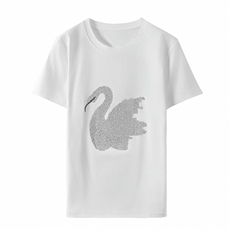 2025年新款烫钻卡通动物图案丝光棉短袖女纯棉T恤宽松夏季圆领t恤，女装T恤，元素羊绒