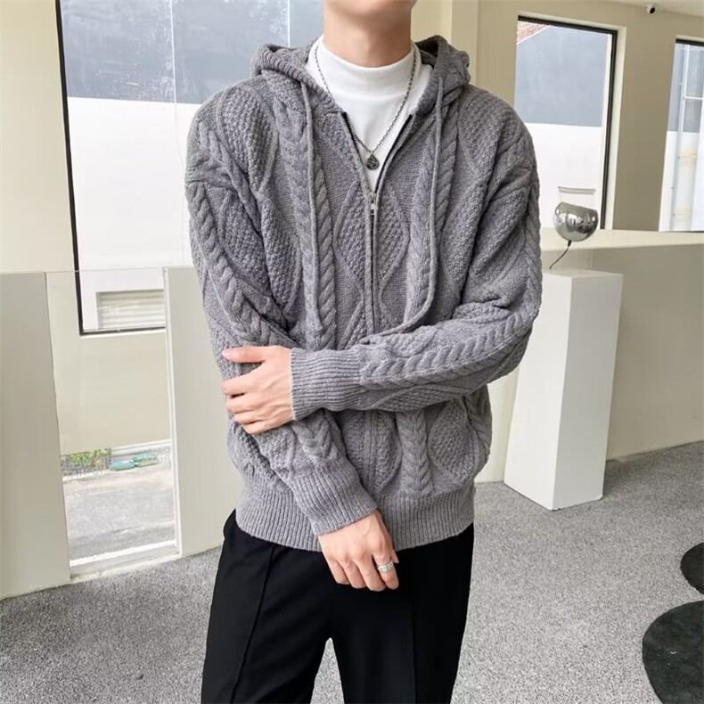 G08-P702025秋冬新款美式麻花纹理针织外套连帽慵懒风ins百搭,女装短外套,电商B323A