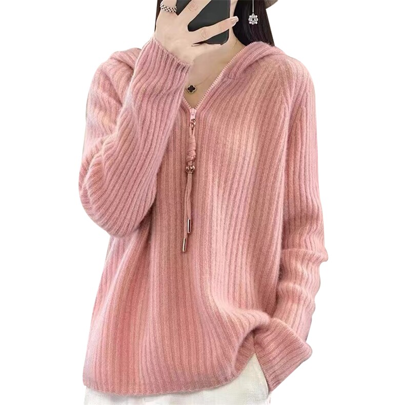 半开领拉链100%纯羊毛帽衫女秋冬坑条长袖连帽羊绒衫针织打底毛衣,针织衫/毛衣,萱芳婷羊绒