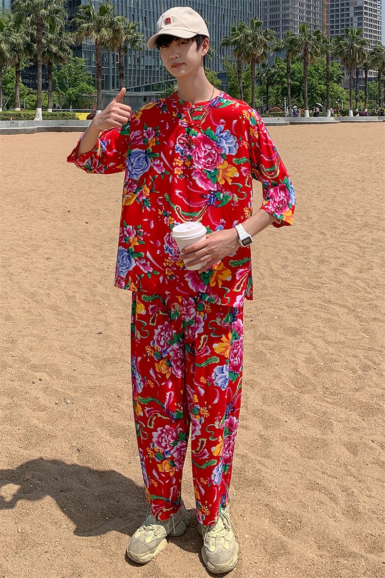 TZ340男士夏季风大花布套装大码宽松凉爽透气民族风个性外套,男装休闲套装,星座115A(原星座507）