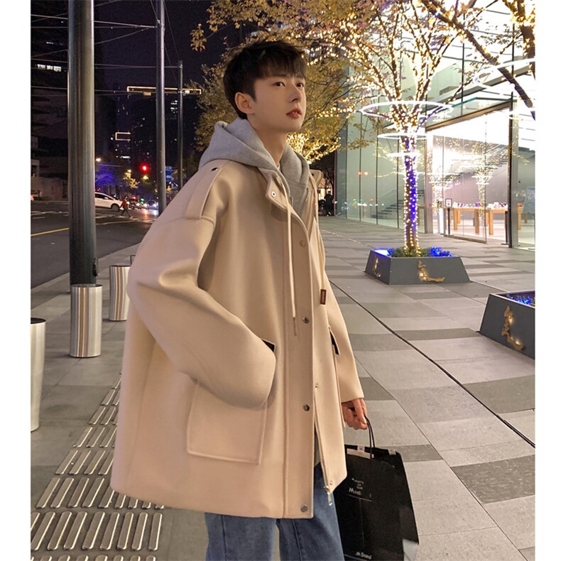 秋冬毛呢外套男短款假两件连帽大衣潮流学生风衣812-F612-P128,男装风衣,星座812