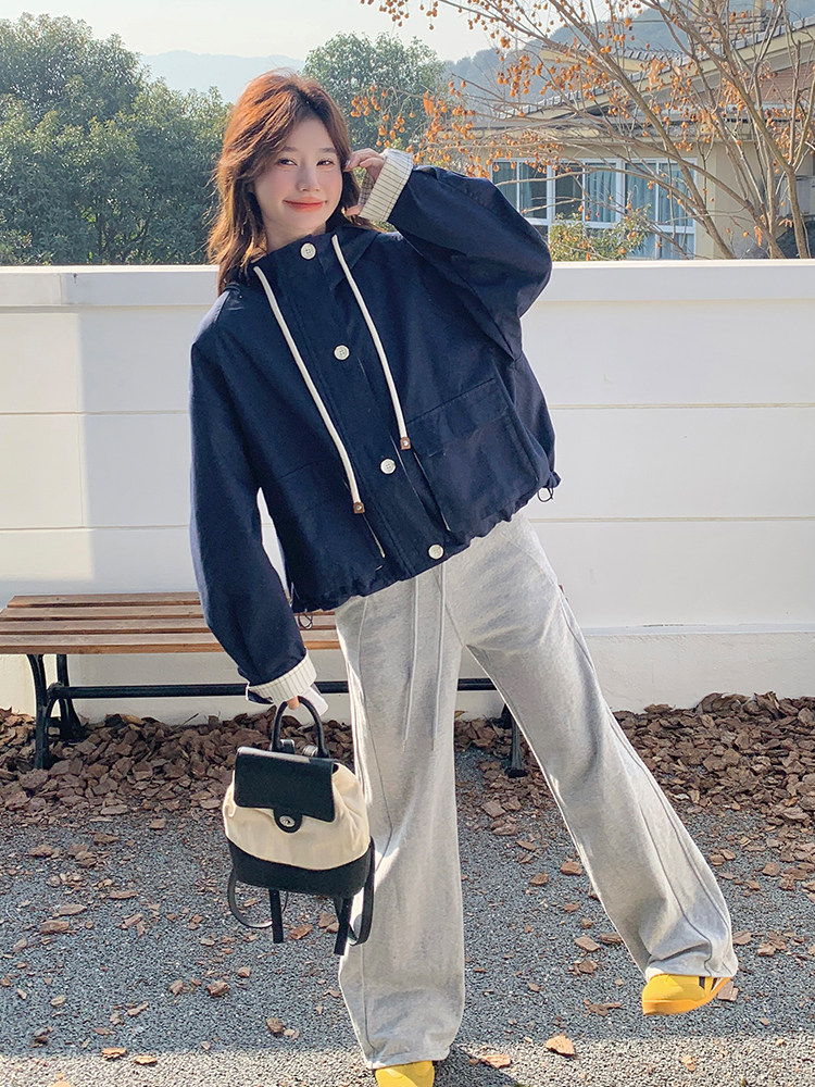 韩版设计感条纹拼接廓形短外套女2025春新款休闲气质减龄连帽上衣,女装风衣,浙宝285（原212）