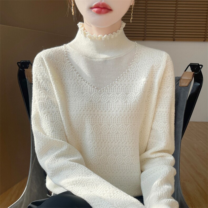 2025年秋季新款百搭女士珍珠心领针织衫,针织衫/毛衣,百色羊绒
