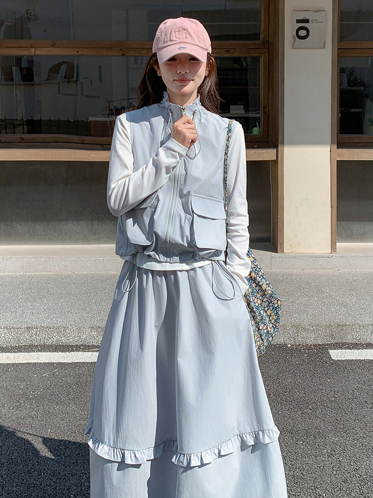蓝色韩系学院风套装裙女春季2025新款减龄打底衣马甲半身裙三件套,女装套装/套裙,诺蝶