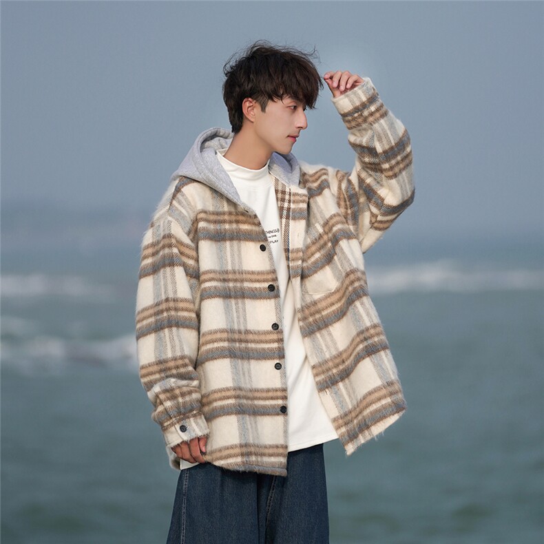 2025秋冬新款毛呢料格子宽松连帽大码夹克外套A017JK8051P90,男装夹克,电商A017