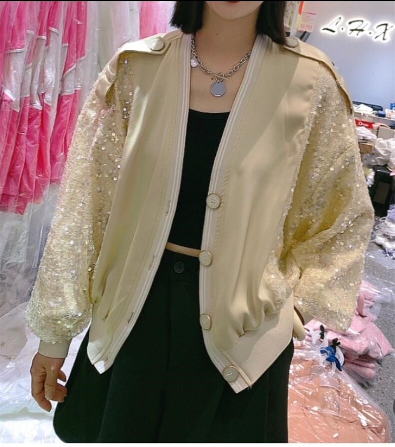 AX9602欧货春季新款女装宽松V领显瘦拼亮片薄款时尚短外套,女装短外套,L·H·X