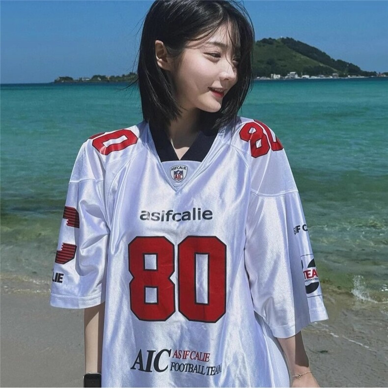 夏季新款设计感小众美式复古印花宽松短袖球衣T恤街头运动休闲T恤图片