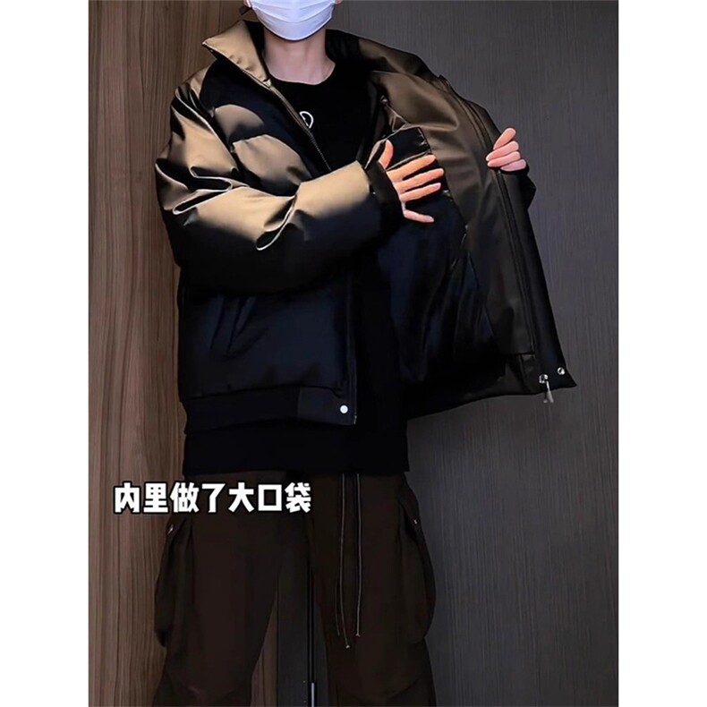 现货5W件冬季三防重磅硬挺boxy短款羽绒立领PU皮棉衣外套加厚棉服,男装棉衣,电商A486-1