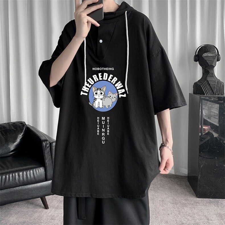 LD54160-P45连帽短袖t恤男大码胖子带帽五分袖中袖，男装T恤，电商A040