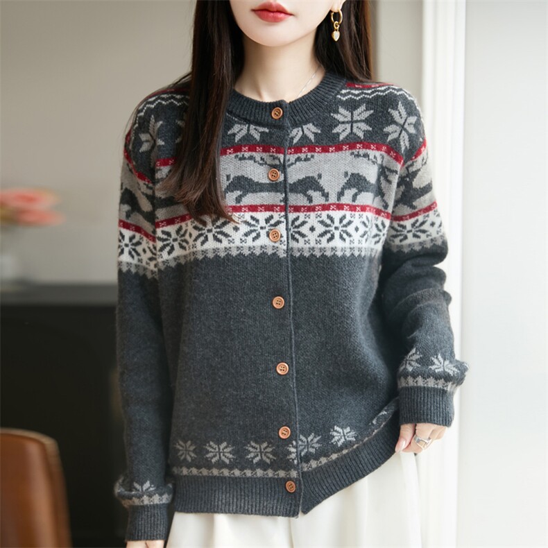 2025年秋季通勤单件长袖加厚枫叶提花开衫，女装针织衫/毛衣，暖娇绒