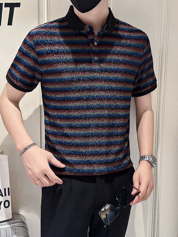 店主风社会小伙男士高级感条纹亮面翻领POLO衫301A-1/PL118/P53,男装Polo衫,星座301A-1