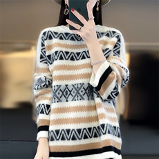 2025秋冬新款圆领100%纯羊毛衫女士宽松拼色羊绒衫提花毛衣打底衫，女装羊毛衫，美雪羊绒