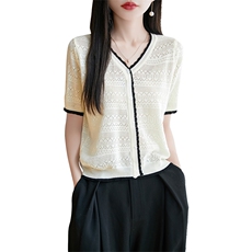 小众镂空薄款针织开衫短袖女t恤2025夏新款宽松短外搭时尚V领上衣，女装T恤，绒汀羊绒