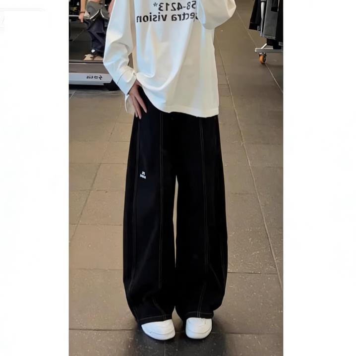 美式复古黑色阔腿牛仔裤男女宽松显瘦垂感拖地弯刀裤ZB281 P41图片