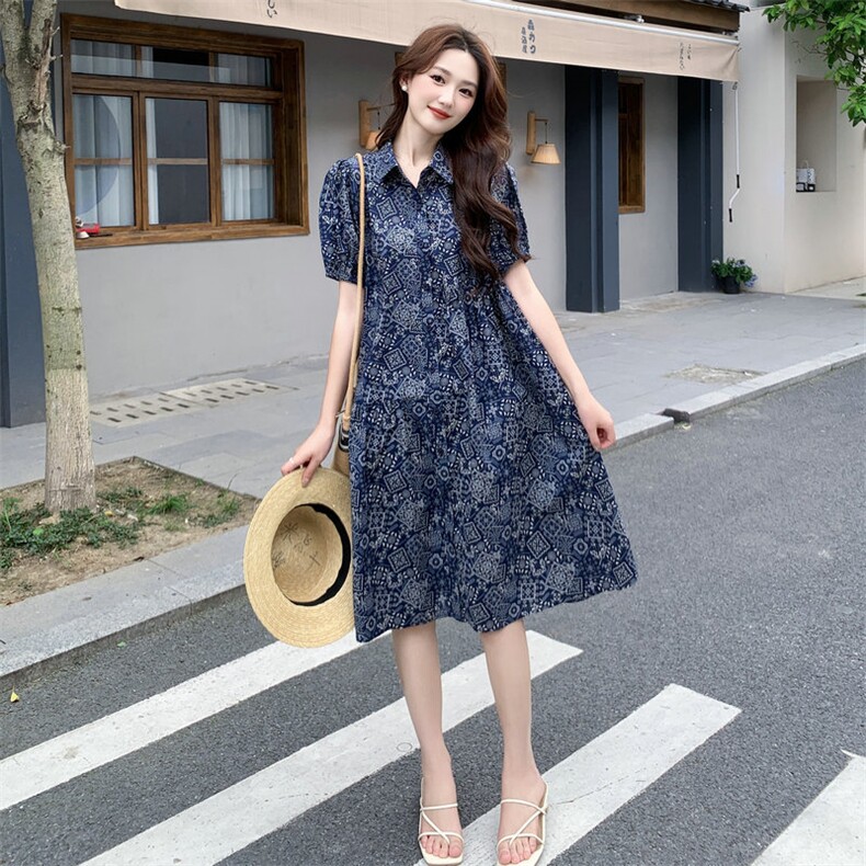 复古印花纯棉连衣裙女2025新款夏季宽松收腰显瘦超好看休闲衬衫裙，女装连衣裙，MQ