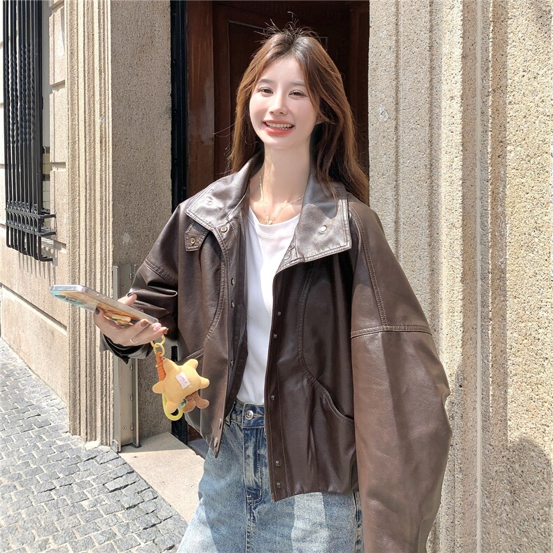 美式短款棕色机车服外套女春秋2025超火好看高级小众皮衣夹克上衣图片