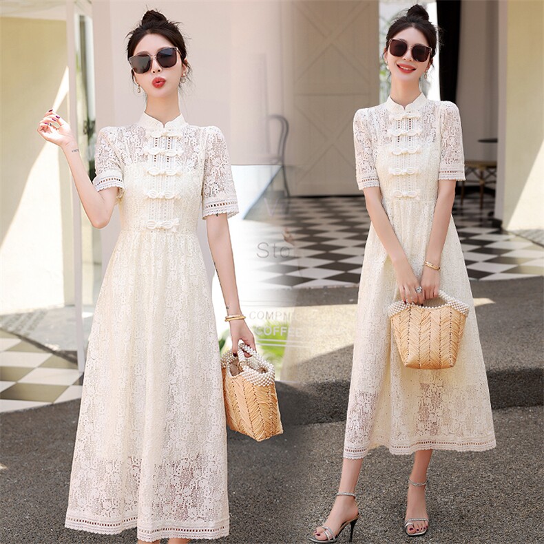 水溶蕾丝镂空连衣裙女夏季2024新款新中式复古改良旗袍长裙到脚踝，女装连衣裙，丽美静依