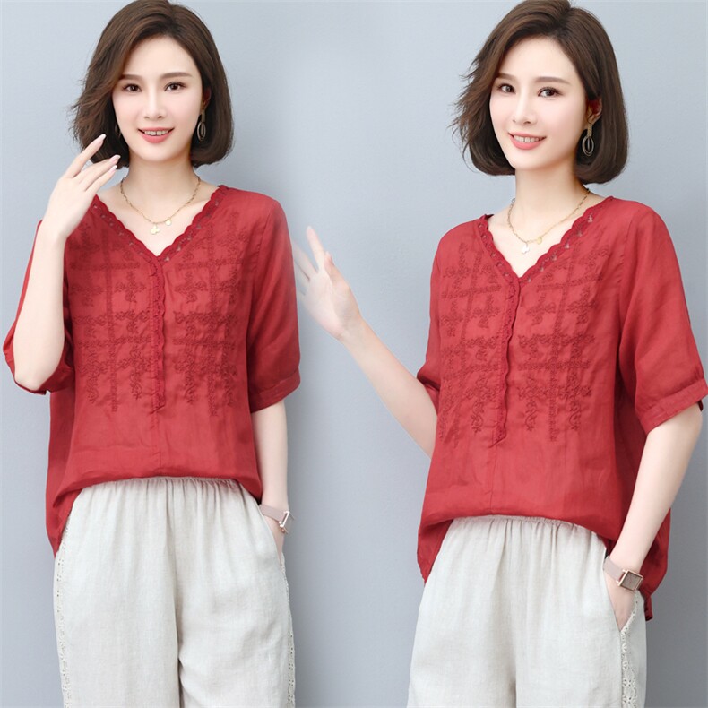 新款2024年夏季纯100苎麻刺绣上衣女中老年妈装妈妈装五分袖T恤衫，女装T恤，璐依舞