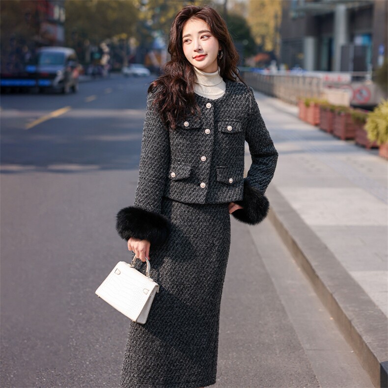 冬季新款小香风羽绒套装显瘦保暖时尚女装外套+半身裙两件套,女装套装/套裙,韩蜜菓